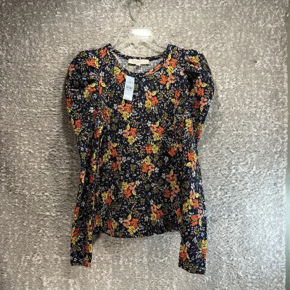 Loft Puff Long Sleeve Navy Floral Petite S Fall Peasant Coquette Preppy NWT
